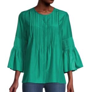 Kobi Halperin NWT Alea Green Cotton Silk Pintuck Pleated Bell Sleeve Button Top